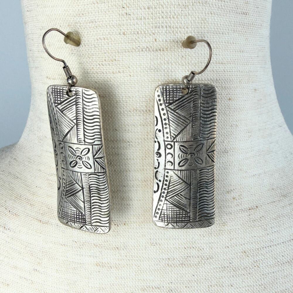 Vintage Etched Silver-Tone Rectangular Dangle Earrings Boho Tribal Geometric